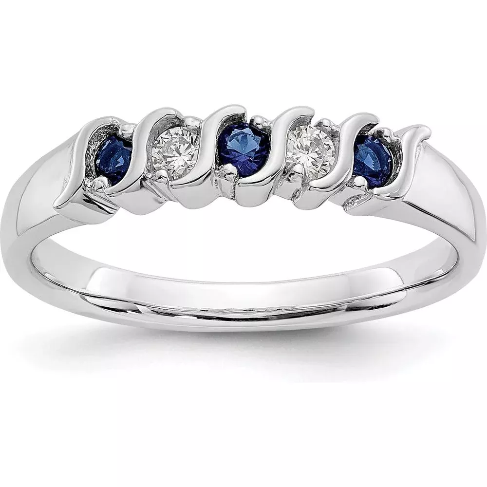 10K White Gold Band with Round Diamonds and Sapphires - 0.135 Carat Total Gemstone Weight - Size 7 by Monteluci Fine Jewelry