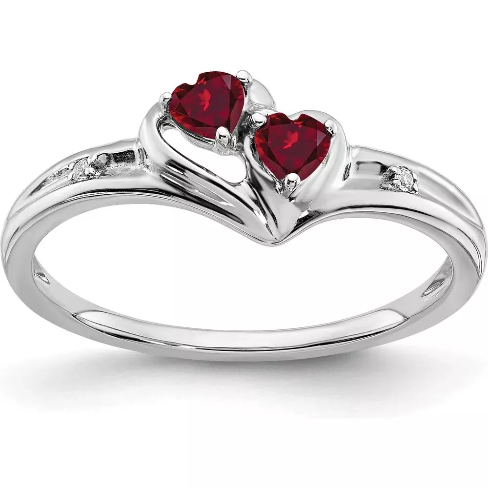 10K White Gold Created Ruby Heart Ring with Round Diamonds - 0.20 Carat Total Gem Weight - Size 7 by Monteluci Fine Jewelry