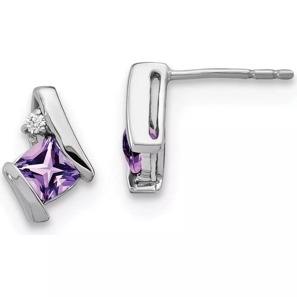10K White Gold Cushion Amethyst and Diamond Earrings - 0.323 Carat Total Amethyst Weight, 0.0125 Carat Total Diamond Weight by Oro Pregiato