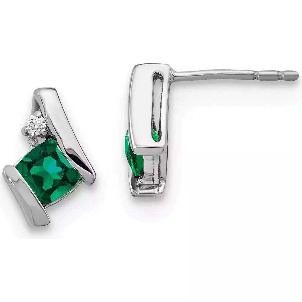 10K White Gold Cushion Cut Lab Created Emerald and Round Diamond Earrings - 0.323 Carat Total Emerald Weight, 0.0125 Carat Total Diamond Weight by Oro Pregiato