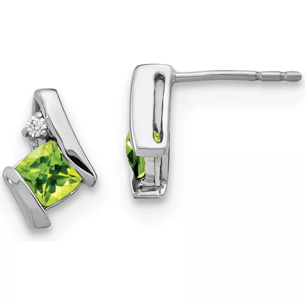 10K White Gold Cushion Peridot and Diamond Earrings - 0.323 Carat Total Peridot Weight, 0.025 Carat Total Diamond Weight by Oro Pregiato