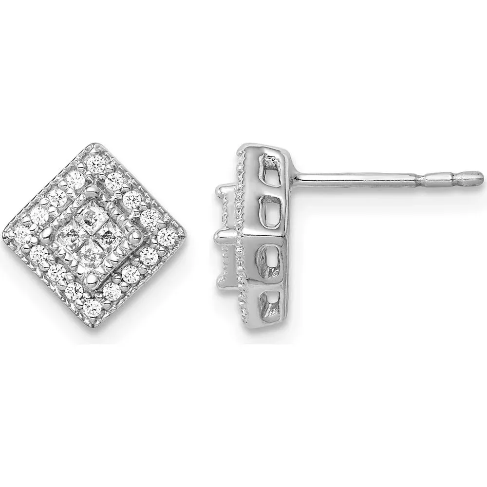 10K White Gold Diamond Cluster Post Earrings - 1.0 Carat Total Diamond Weight by Oro Pregiato