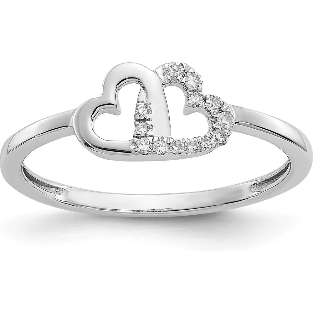 10K White Gold Diamond Double Heart Ring with Pave Set Diamonds - 0.10 Carat Total Diamond Weight - Size 7 by Oro Pregiato