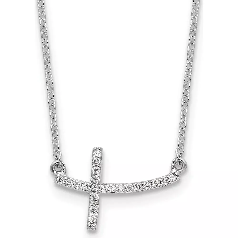 10K White Gold Diamond Sideways Cross Necklace - 0.25 Carat Total Diamond Weight by Oro Pregiato
