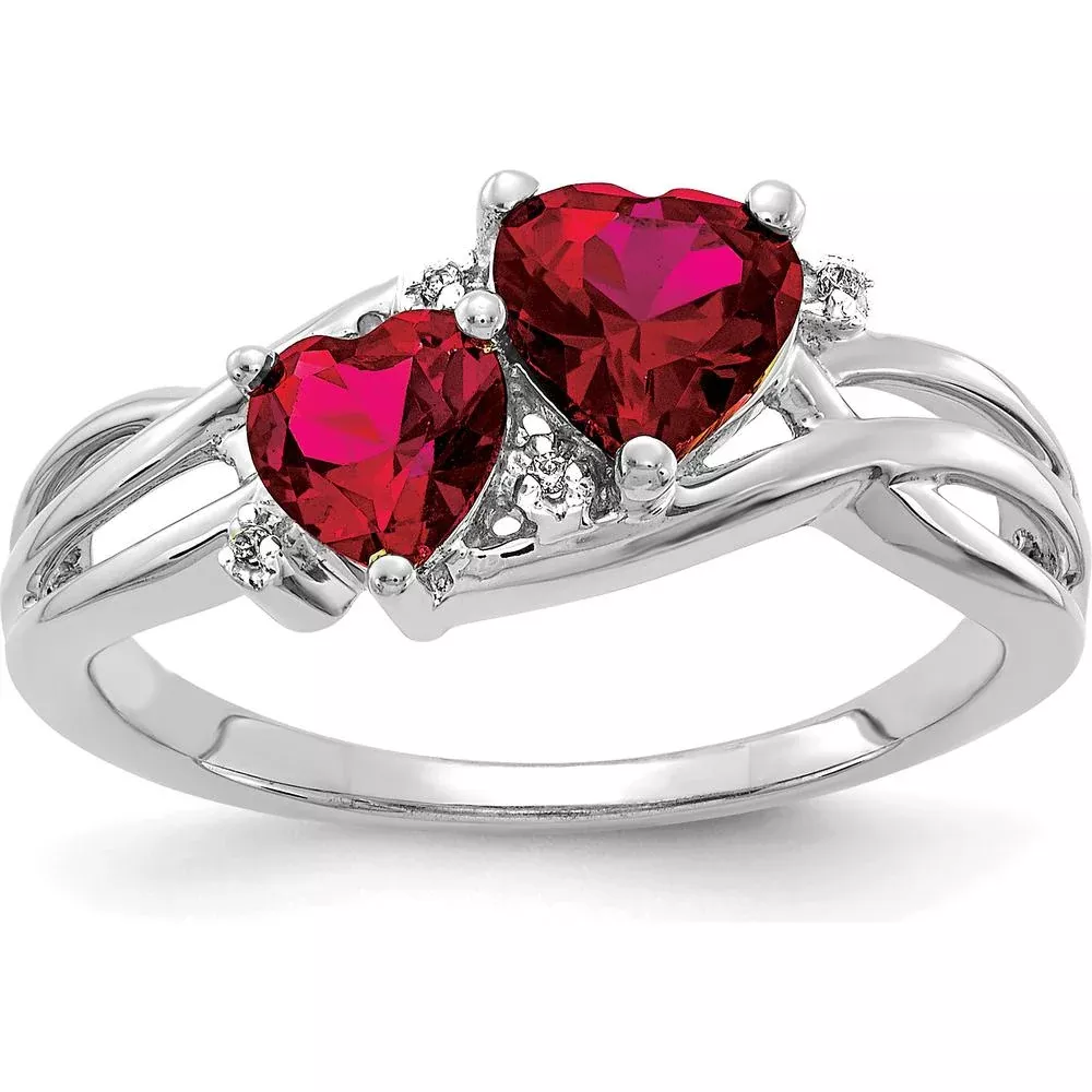 10K White Gold Double Heart Ring with Lab Created Rubies and Round Diamonds - 1.636 Carat Total Ruby Weight, 0.012 Carat Total Diamond Weight - Size 7 by Monteluci Fine Jewelry