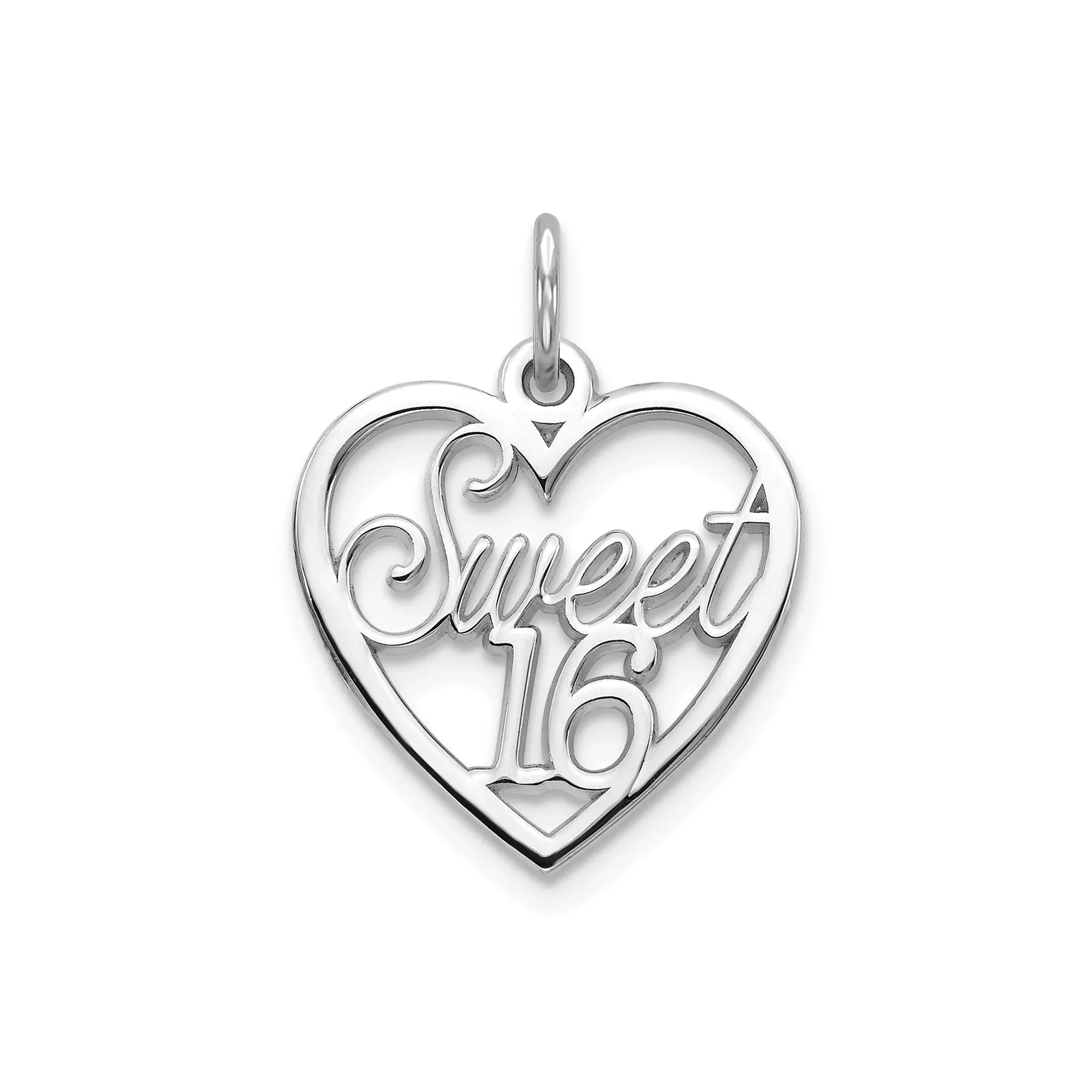 10k White Gold Heart Pendant, Sweet 16 Script Charm, Milestone Birthday Jewelry for Girls