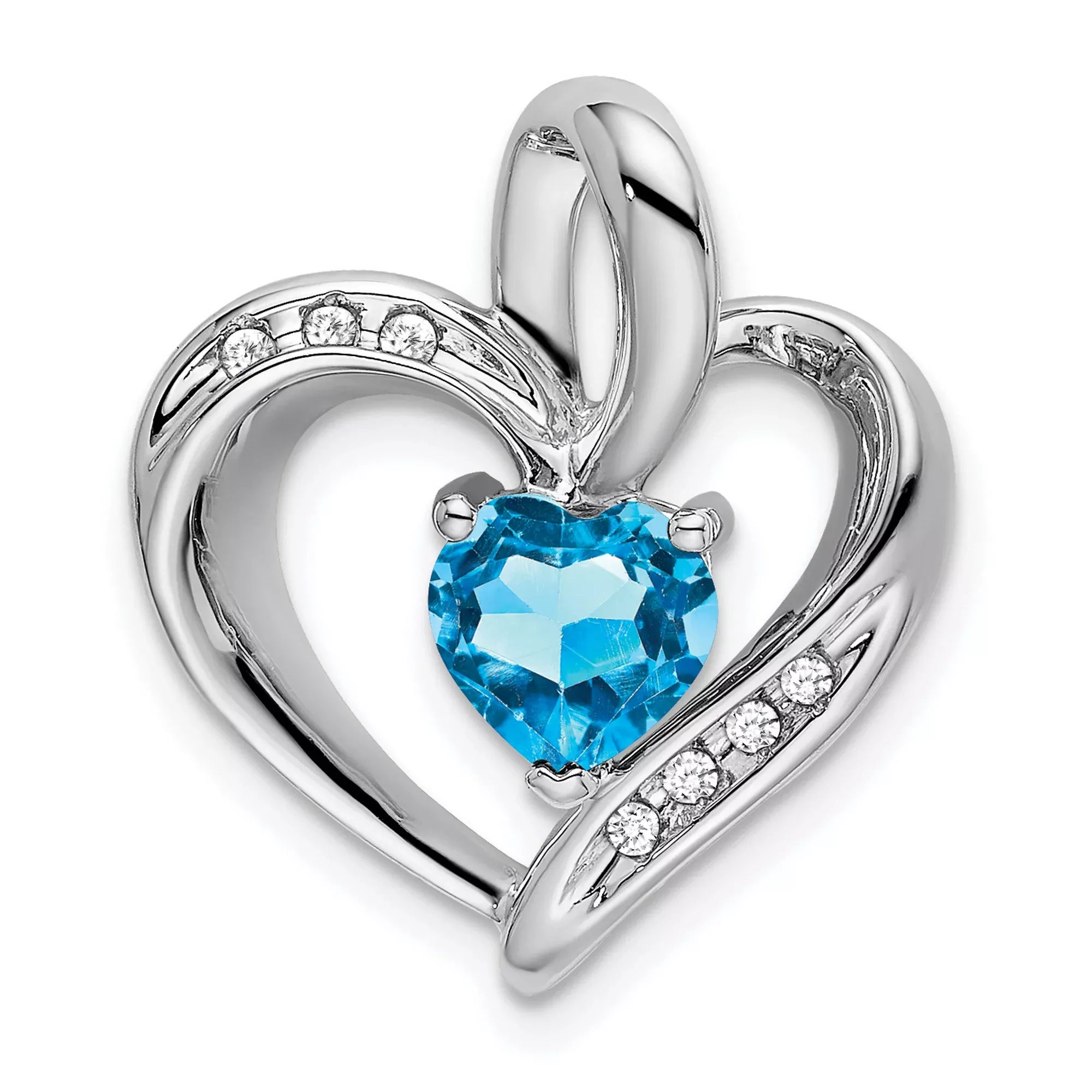 10k White Gold Heart Pendant with Swiss Blue Topaz and Diamond Accents, Open Heart Design