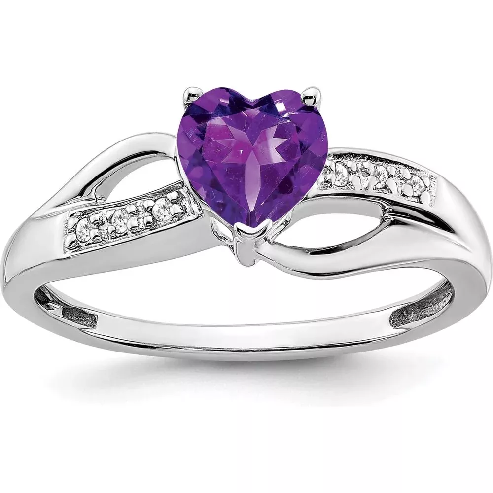 10K White Gold Heart-Shaped Amethyst and Diamond Ring - 0.68 Carat Amethyst, 0.03 Carat Total Diamond Weight - Size 7 by Monteluci Fine Jewelry