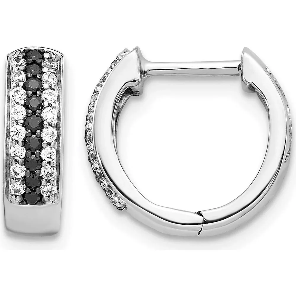 10K White Gold Hinged Hoop Earrings with 1 Carat Total Black and White Diamonds by Oro Pregiato