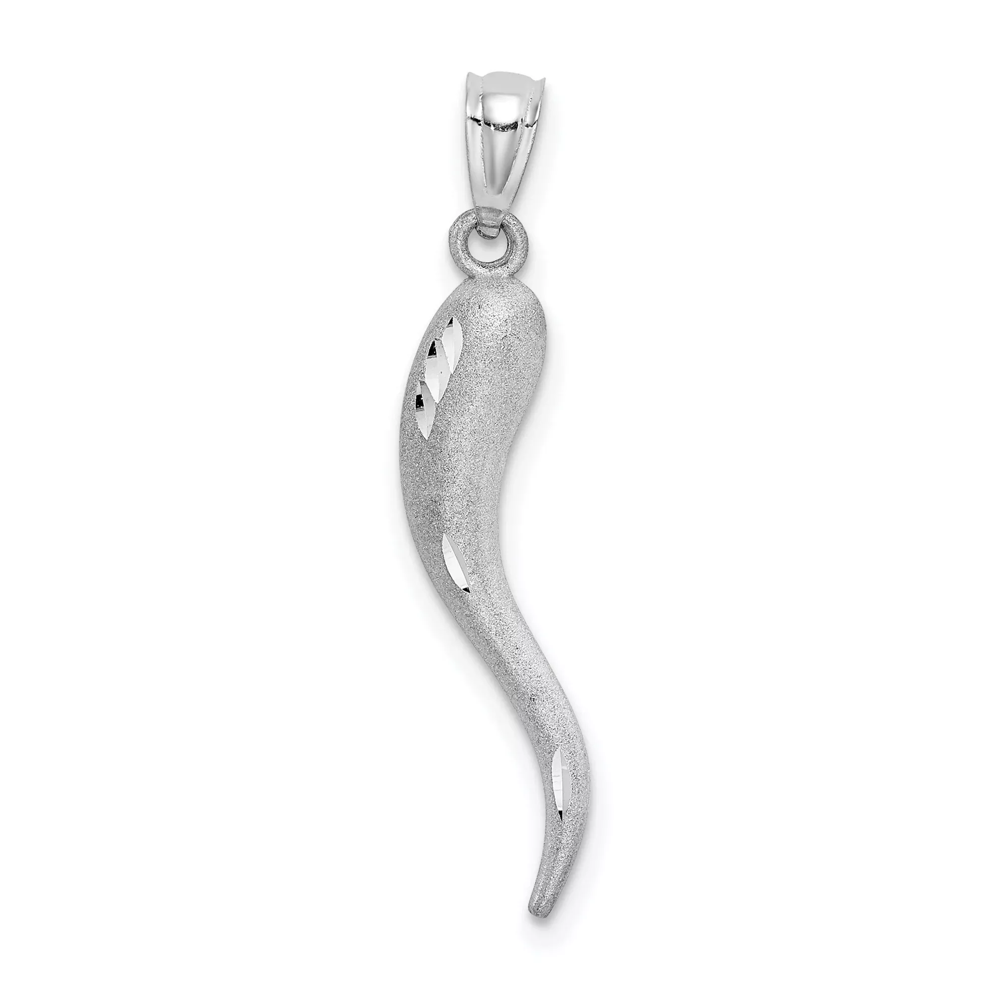 10k White Gold Horn Pendant, Italian Cornicello Charm with Matte and Polished Finish, Unisex Luck Amulet