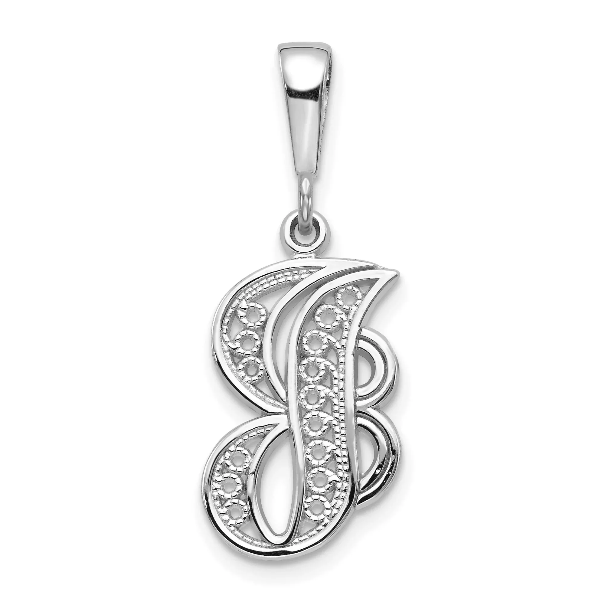 10k White Gold Initial B Pendant with Filigree, Scrollwork, and Floral Accents
