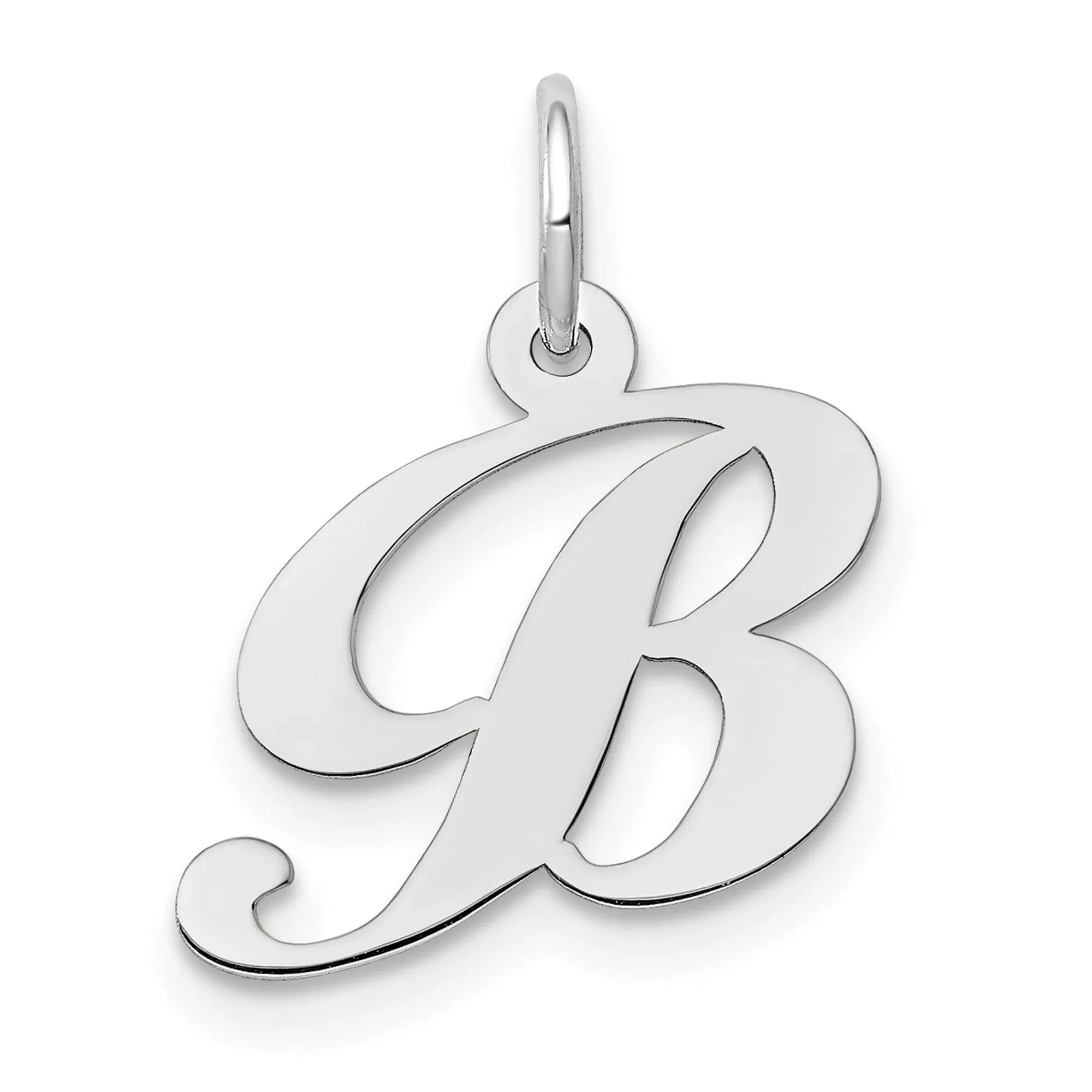10k White Gold Letter B Pendant, Polished Script Initial Charm for Women
