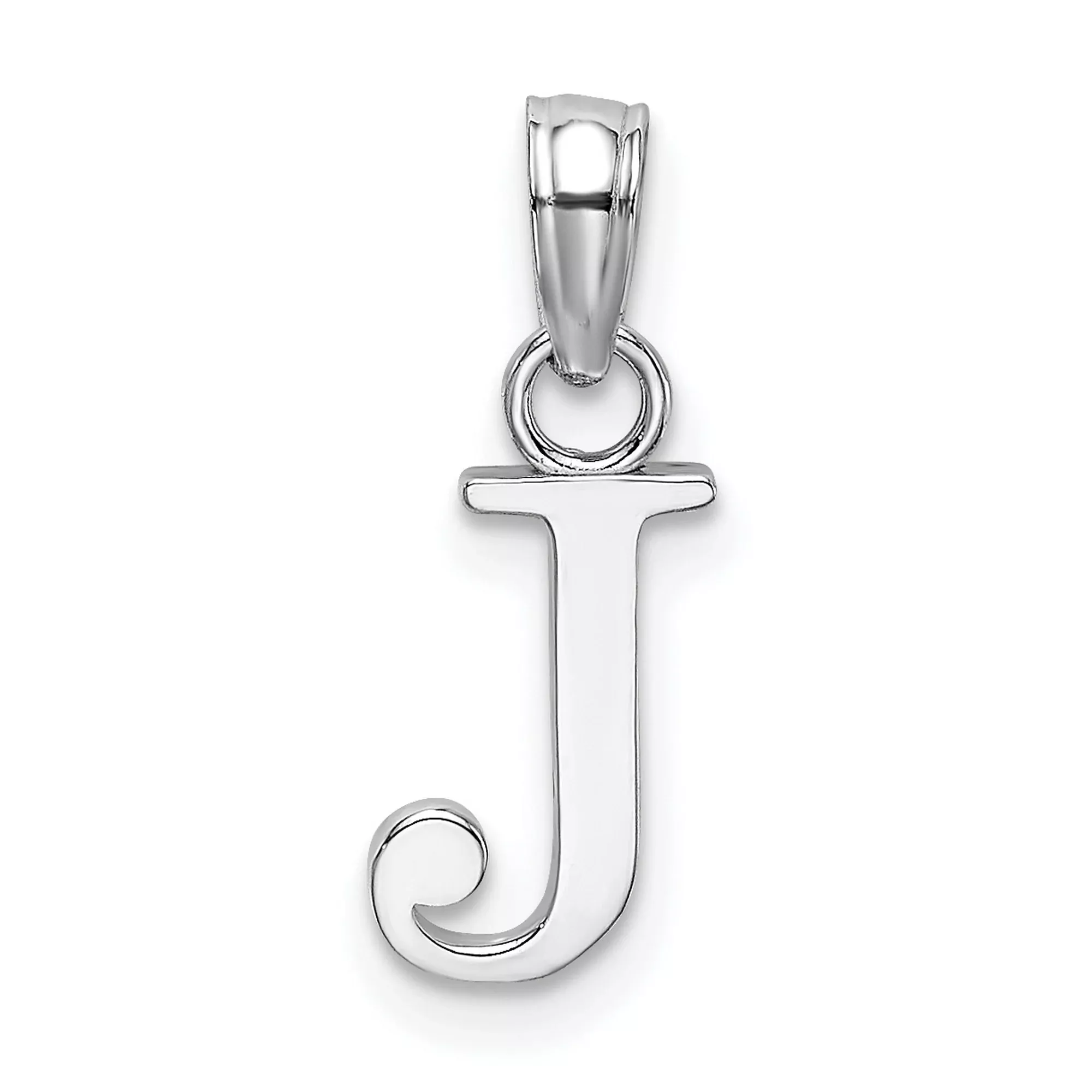 10k White Gold Letter J Pendant, Polished Block Alphabet Charm, Unisex Initial Jewelry