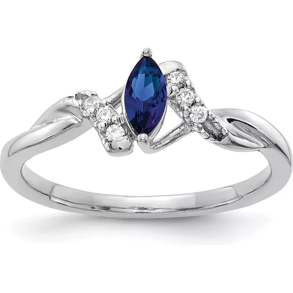 10K White Gold Marquise Sapphire and Diamond Ring with Round Diamonds - 0.34 Carat Sapphire, 0.01 Carat Diamonds - Size 7 by Monteluci Fine Jewelry