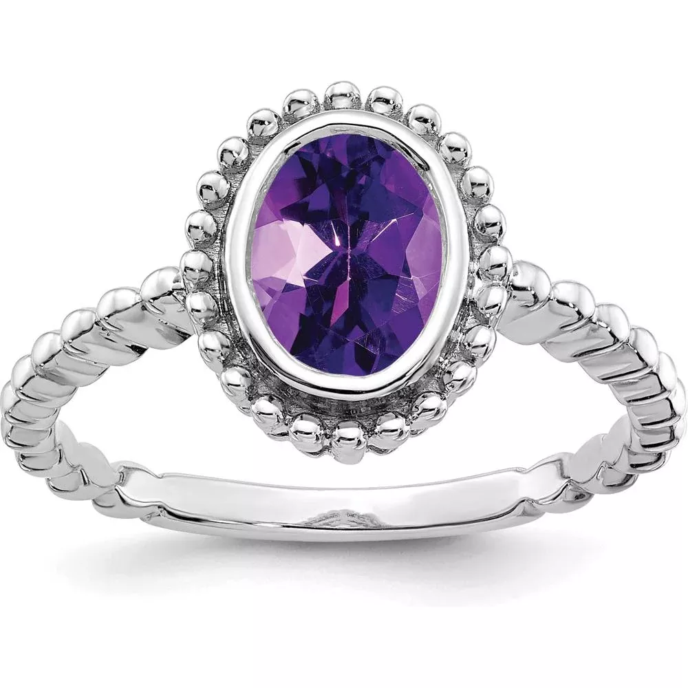 10K White Gold Oval Amethyst Ring - 1 Carat Natural Amethyst in Polished Finish - Size 7 by Monteluci Fine Jewelry