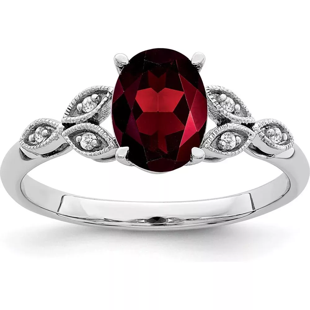 10K White Gold Oval Garnet and Diamond Ring with Milgrain Detail and Rhodium Plating - Size 7 by Oro Pregiato