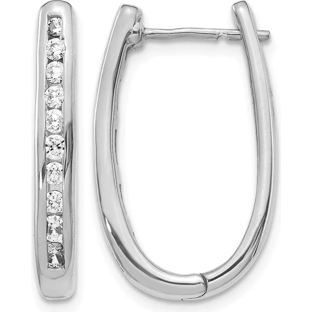 10K White Gold Oval Hinged Hoop Earrings with 0.25 Carat Total Diamond Weight by Oro Pregiato