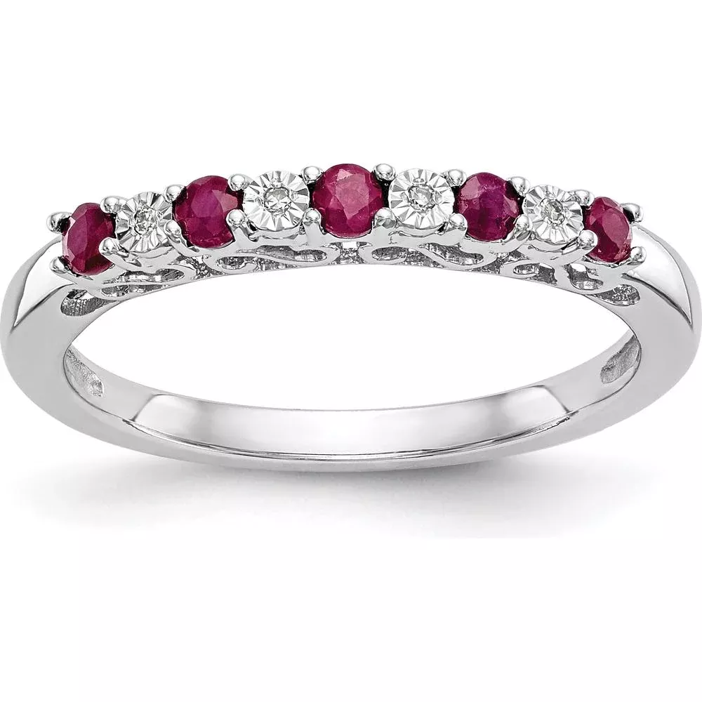 10K White Gold Ruby and Diamond Band with Prong Set Round Natural Gemstones - 0.04 Carat Ruby and 0.003 Carat Diamond Total Weight - Size 7 by Oro Pregiato