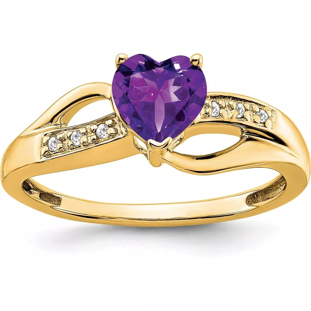 10K Yellow Gold Amethyst Heart Ring with Round Diamonds - 0.68 Carat Amethyst, 0.03 Carat Total Diamond Weight - Size 7 by Monteluci Fine Jewelry