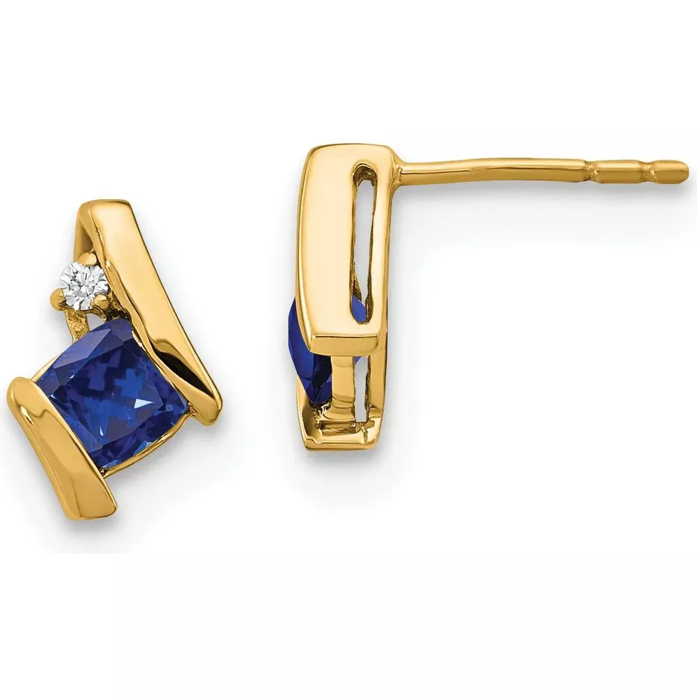 10K Yellow Gold Cushion Cut Lab-Created Sapphire and Natural Diamond Button Earrings - 0.64 Carat Total Sapphire Weight by Oro Pregiato