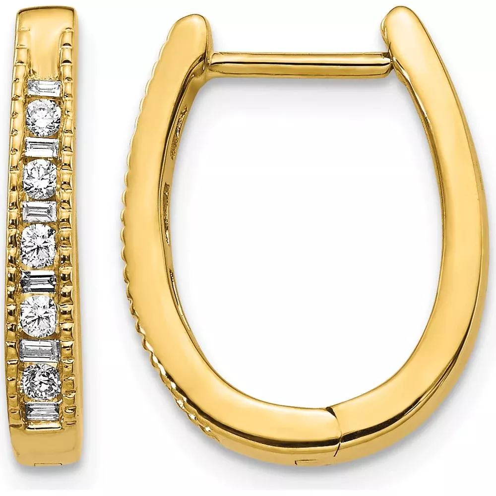 10K Yellow Gold Diamond Oval Hinged Hoop Earrings with Round and Baguette Diamonds - 1.0 Carat Total Diamond Weight by Oro Pregiato