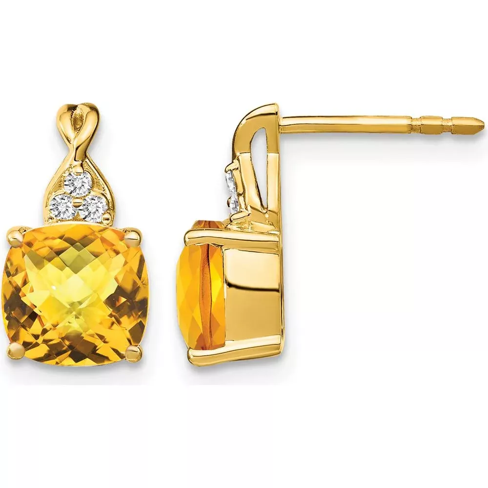 10K Yellow Gold Drop Earrings with Checkerboard Cushion Cut Citrine and Round Diamonds - 1.68 Carat Total Citrine Weight by Oro Pregiato