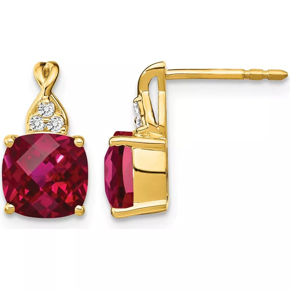 10K Yellow Gold Drop Earrings with Lab-Created Cushion Cut Rubies and Diamond Accents - 1.94 Carat Total Ruby Weight by Oro Pregiato