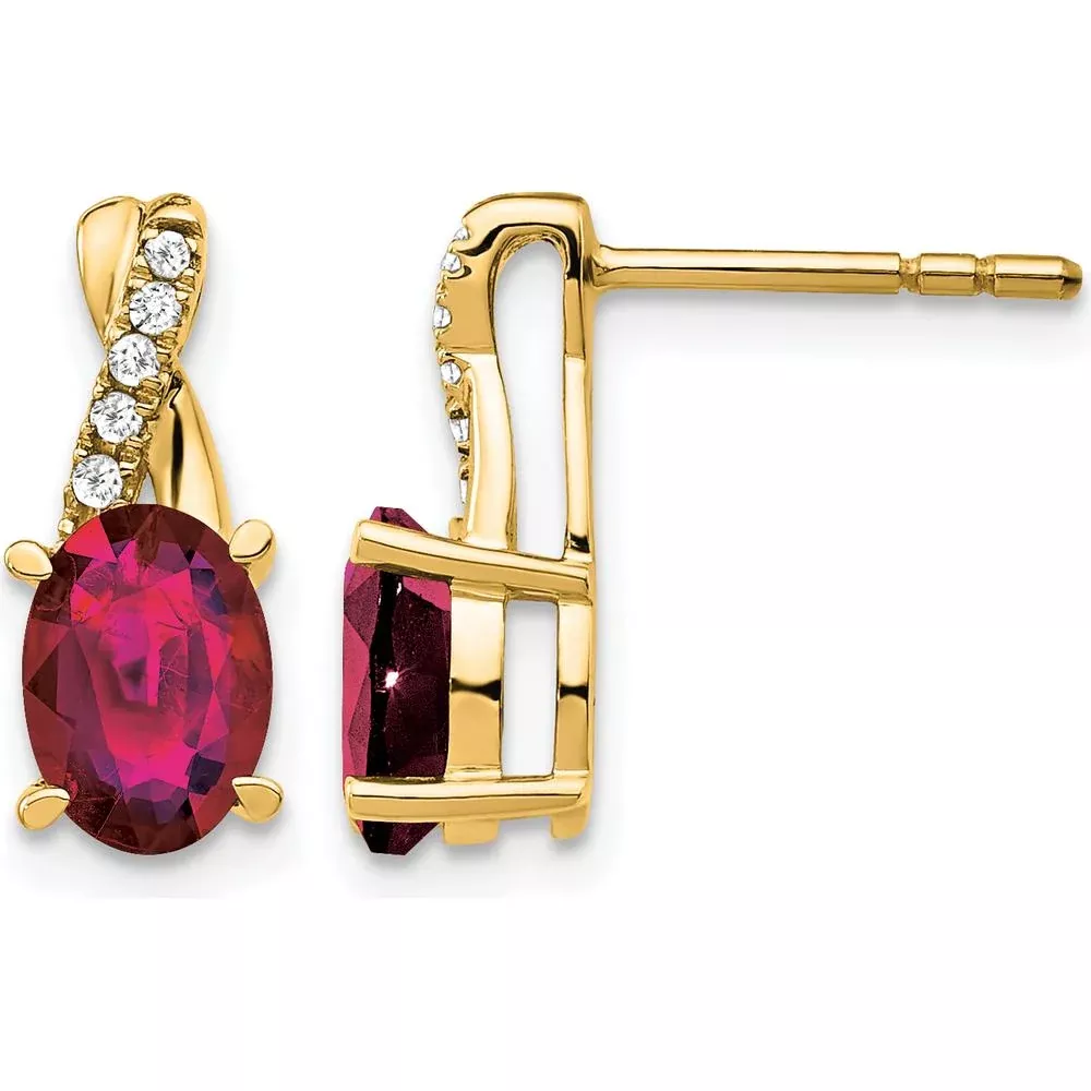 10K Yellow Gold Drop Earrings with Lab-Created Ruby and Round Diamonds - 0.75 Carat Total Ruby Weight, 0.06 Carat Total Diamond Weight by Oro Pregiato