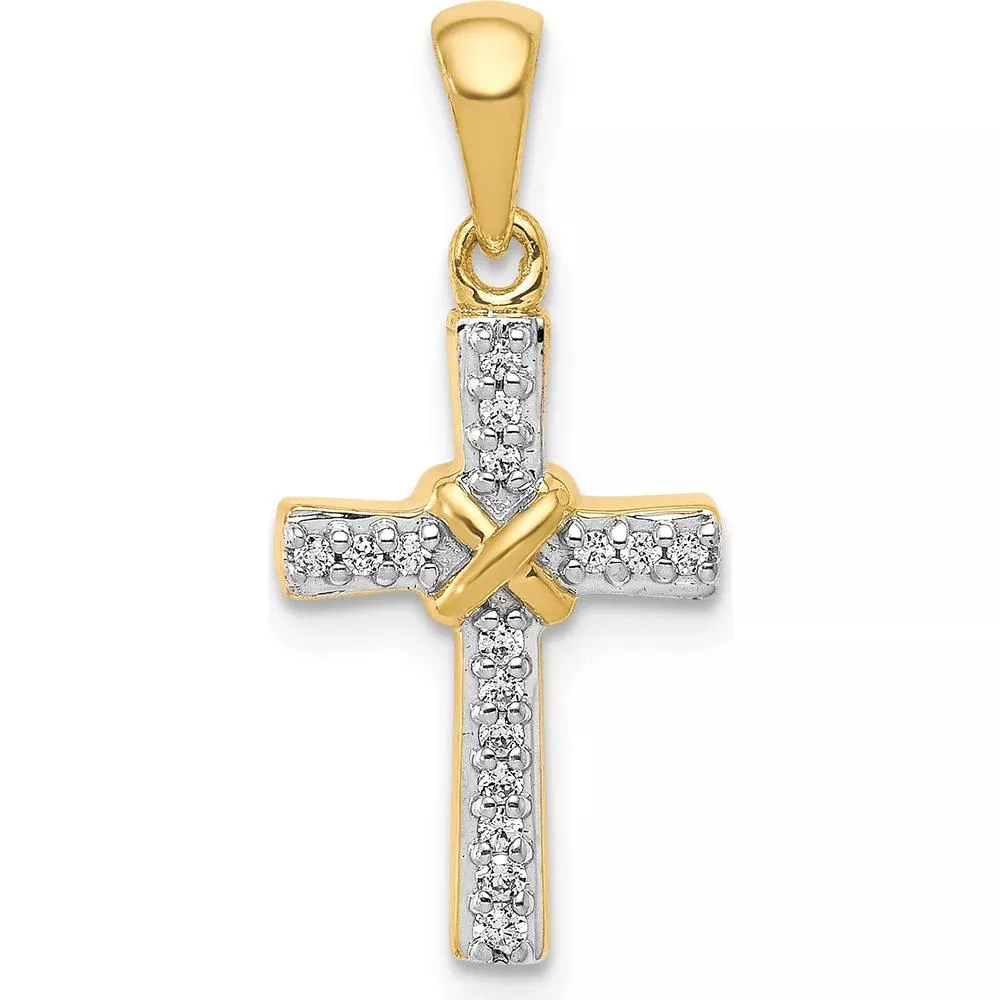 10K Yellow Gold Latin Cross Pendant with Round Diamonds and Polished Ribbon Accent - 1/6 Carat Total Diamond Weight by Oro Pregiato