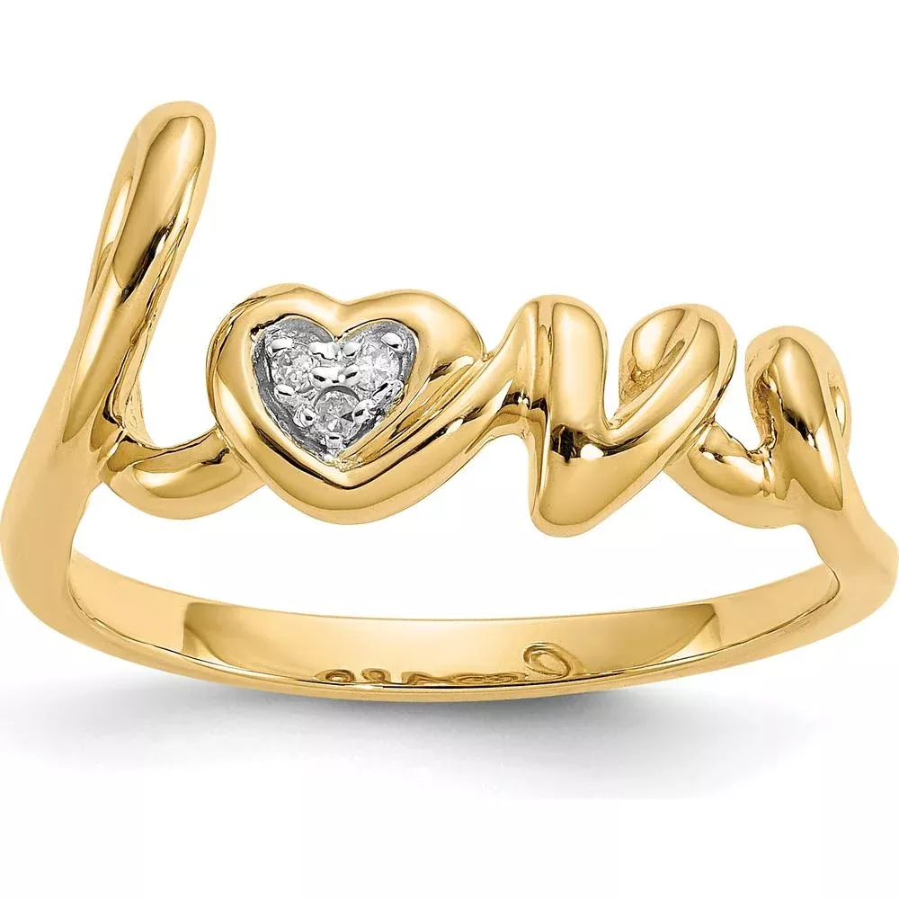 10K Yellow Gold "LOVE" Ring with Heart-Shaped Diamonds - 0.009 Carat Total Diamond Weight - Size 7 by Oro Pregiato