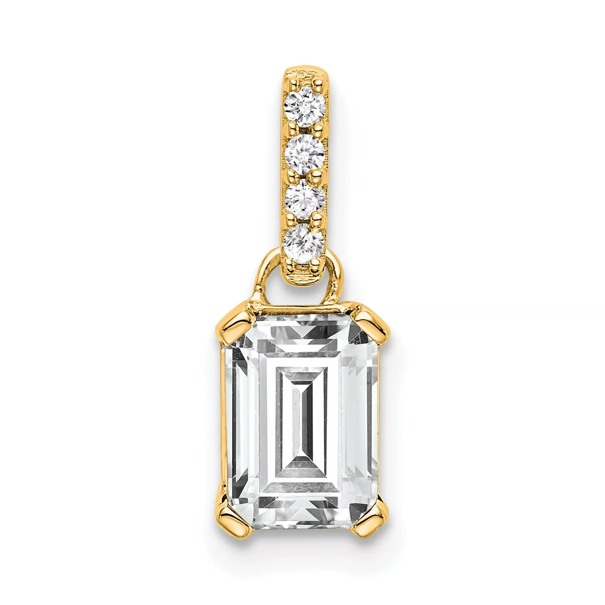 10k Yellow Gold Pendant with Diamonds and White Topaz, Emerald Cut Drop Design