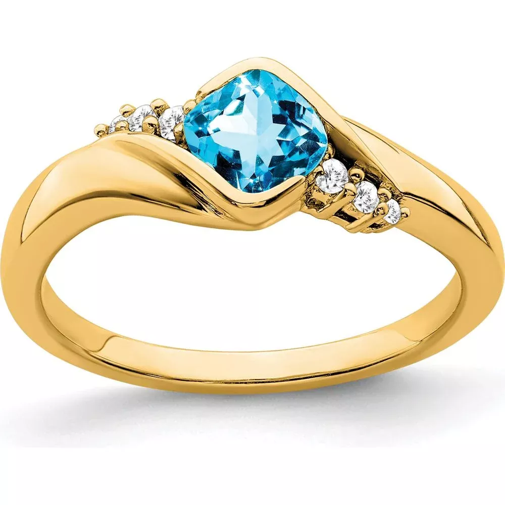 10K Yellow Gold Ring with 0.70 Carat Cushion Cut Swiss Blue Topaz and 0.06 Carat Round Diamonds - Size 7 by Monteluci Fine Jewelry