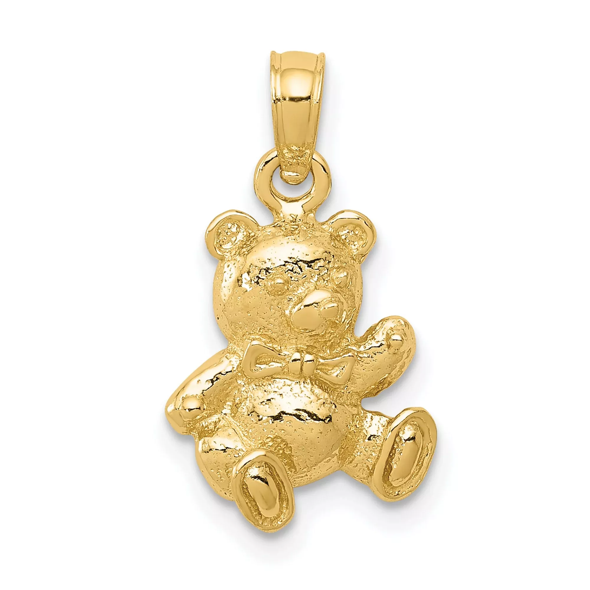 10k Yellow Gold Teddy Bear Pendant with Textured Finish and Bow Tie Design