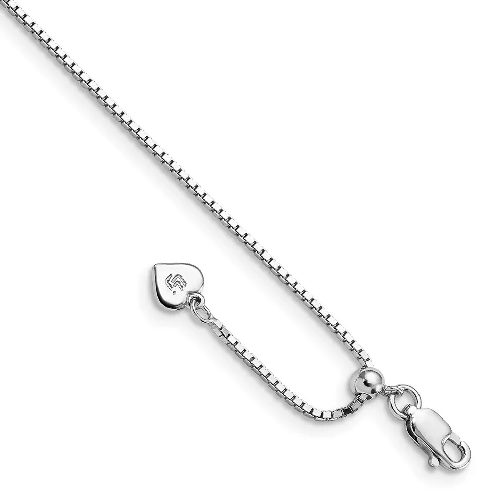 11 Inch Sterling Silver Rh-Plated Adjustable Box Chain Anklet