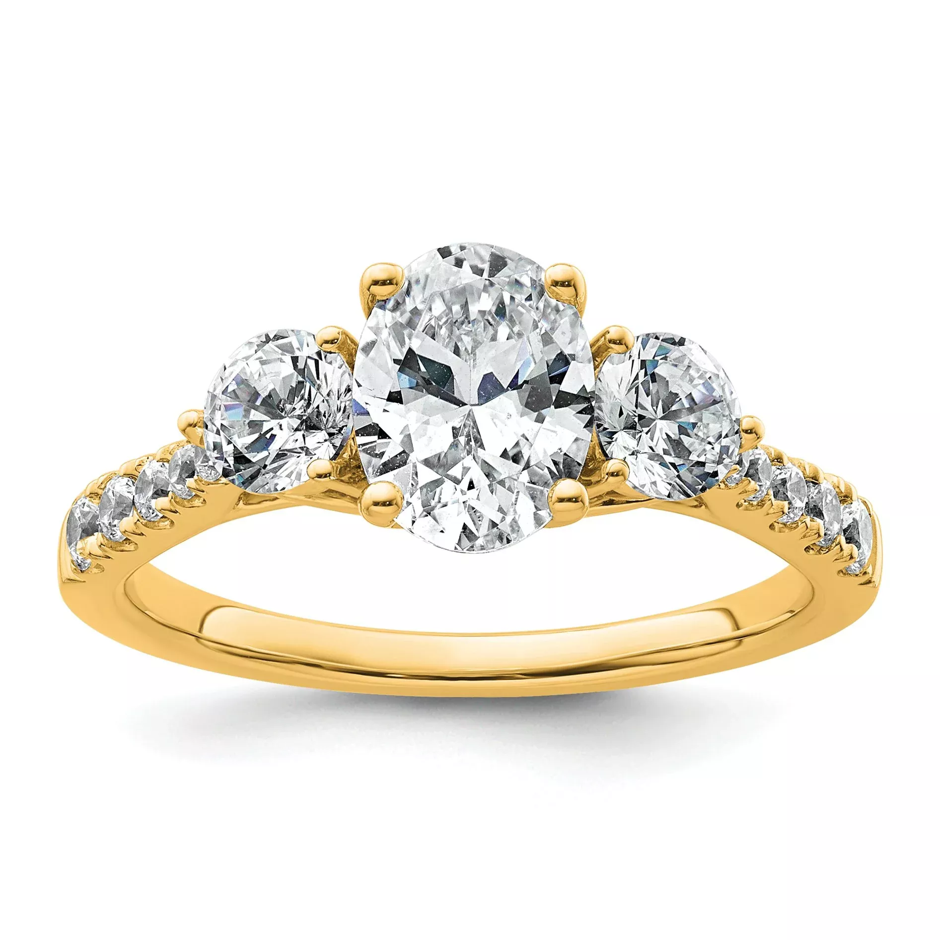 14k 1 3/4 carat Certified Lab Grown Diamond VS+ F+ Oval and Round Complete Three Stone Engagement Ring
