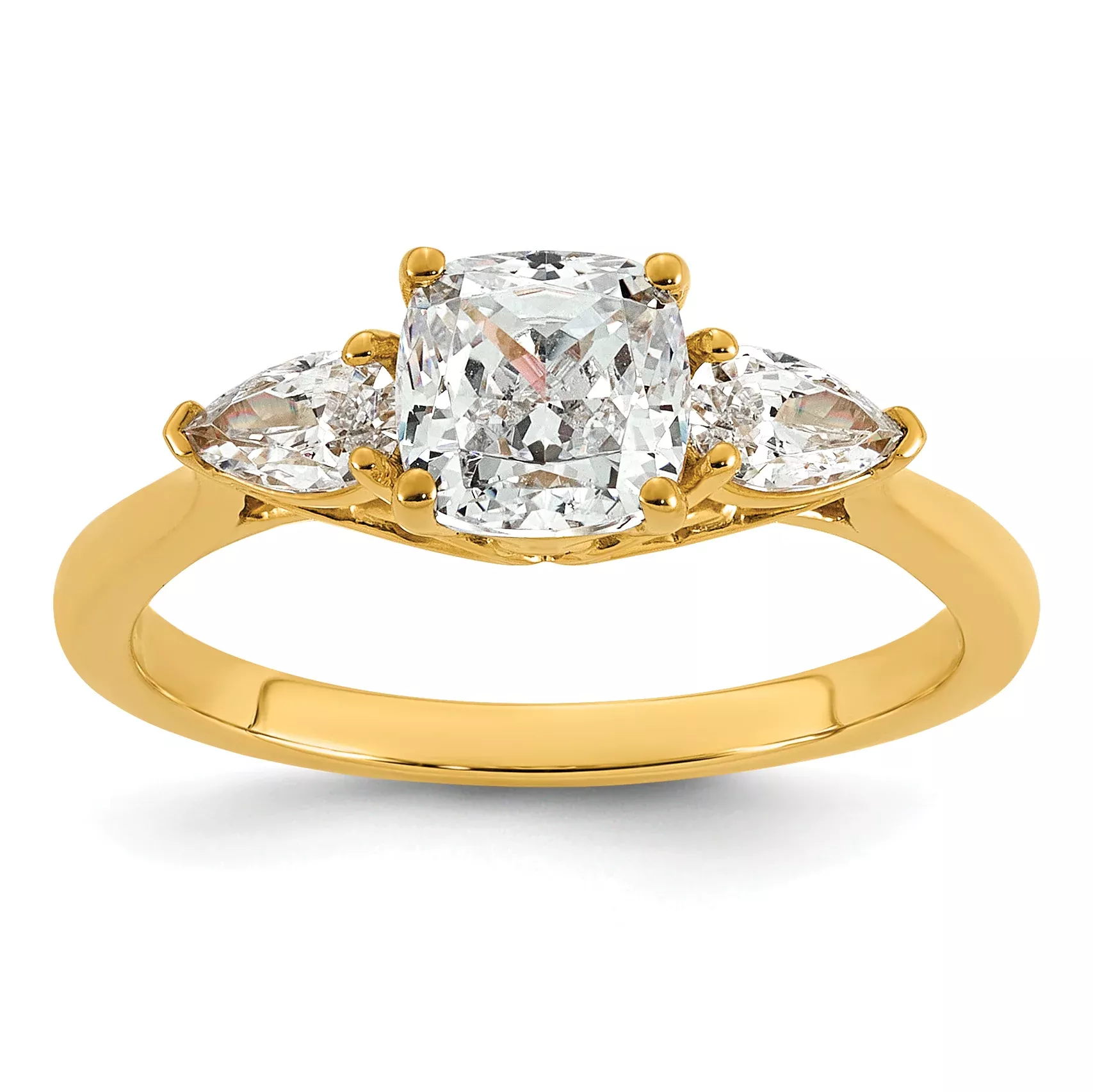 14k 1 3/8 carat Lab Grown Diamond VS+ F+ Complete Cushion and Pear Three Stone Engagement Ring