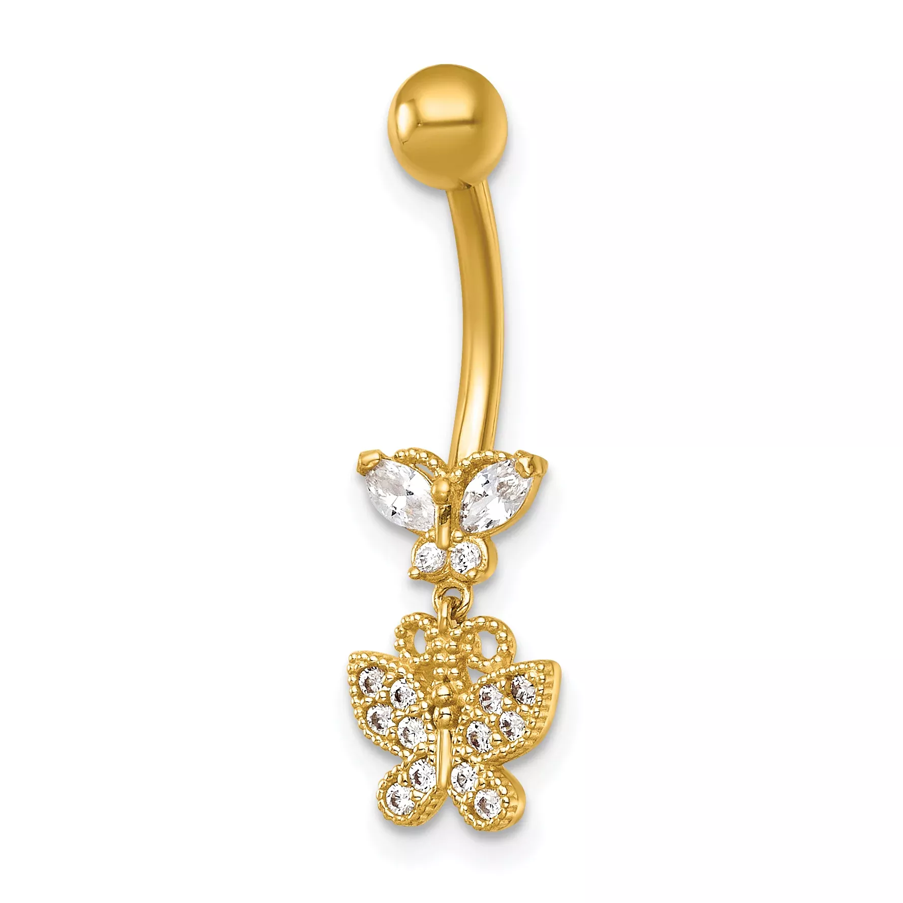14k 14 Gauge Polished and Beaded CZ Dangling Butterfly Navel Ring