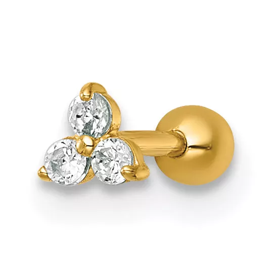 14k 18 Gauge Polished Triple Round CZ Labret Stud