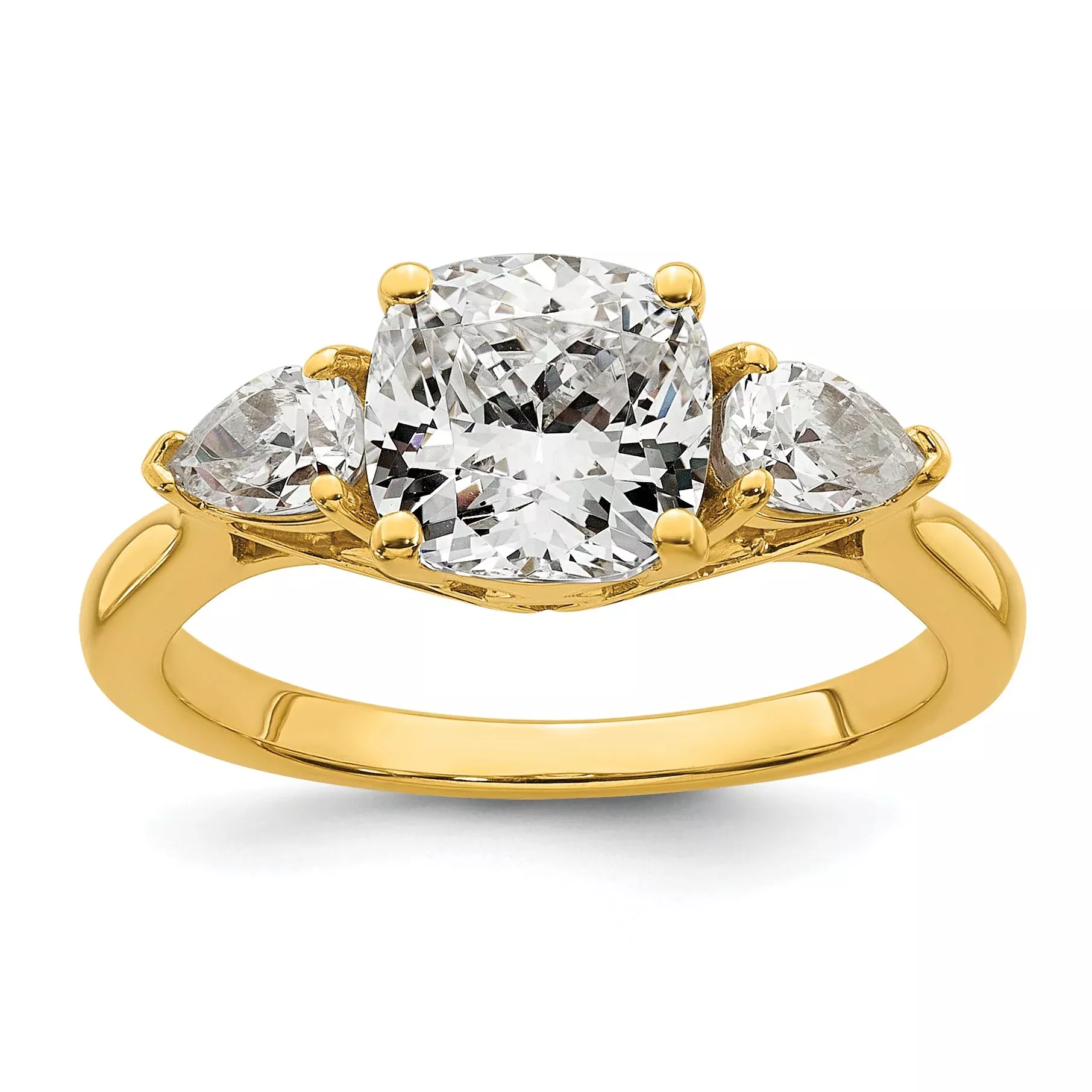 14k 2 1/2 carat Lab Grown Diamond VS+ F+ Complete Cushion and Pear Three Stone Engagement Ring