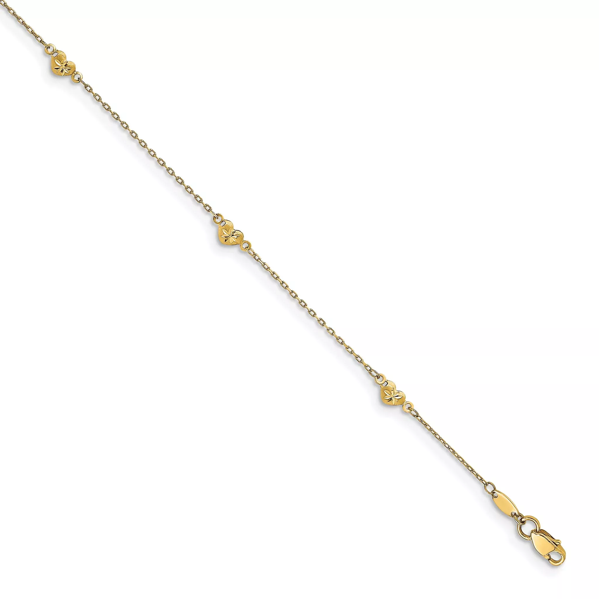 14K Diamond-cut Heart 5-Station 9 inch Plus 1 inch Extender - Total 10 inch Anklet