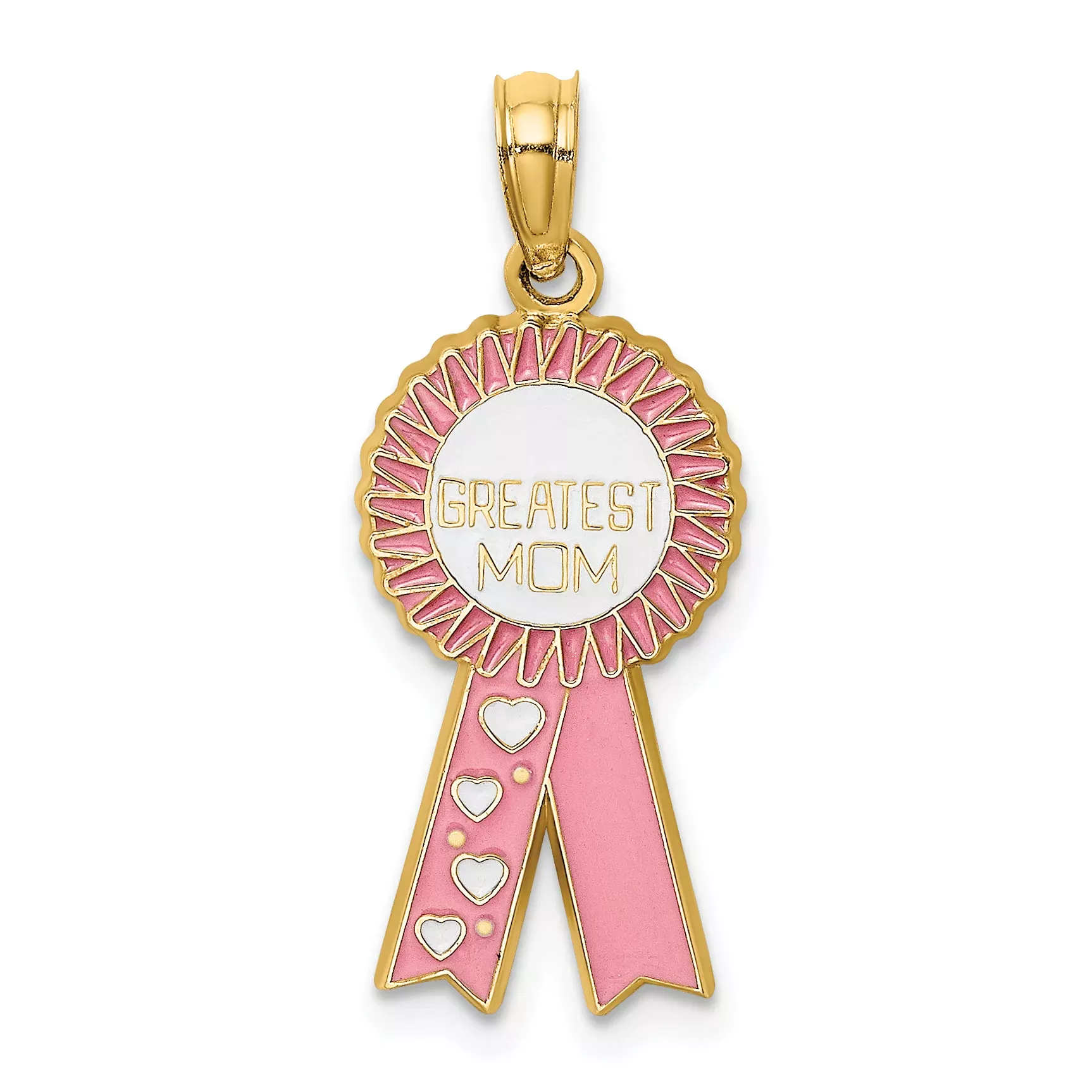 14K Enamel GREATEST MOM Pink RIBBON Charm