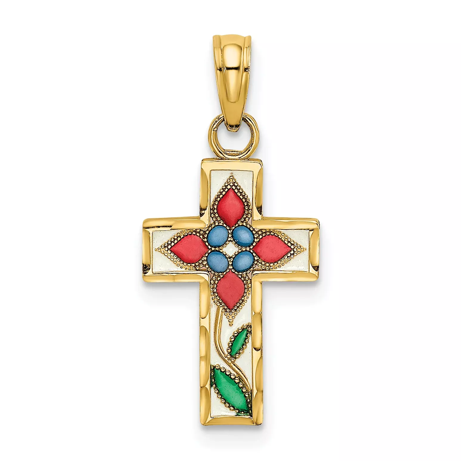 14K Enameled W/ Flower Cross Charm