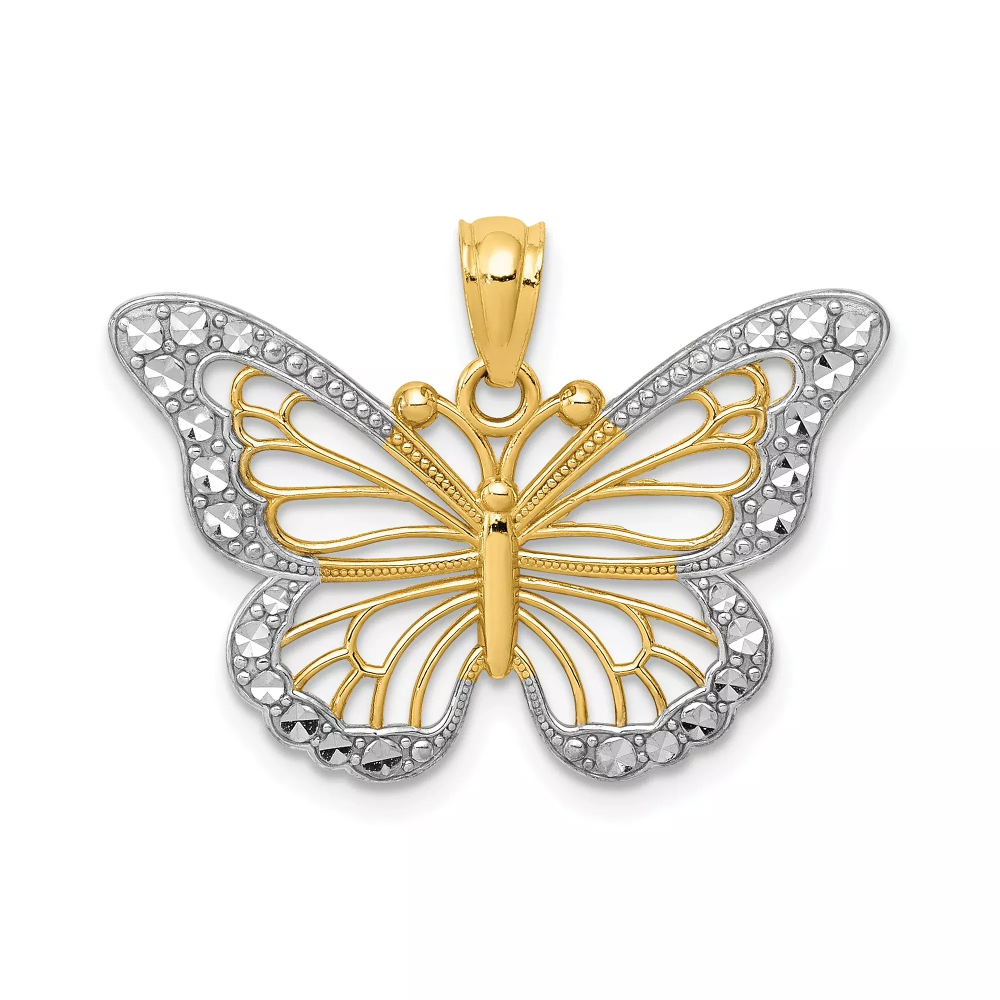 14k Multi-Tone Gold Butterfly Pendant with Openwork Filigree and Diamond-Cut Accents