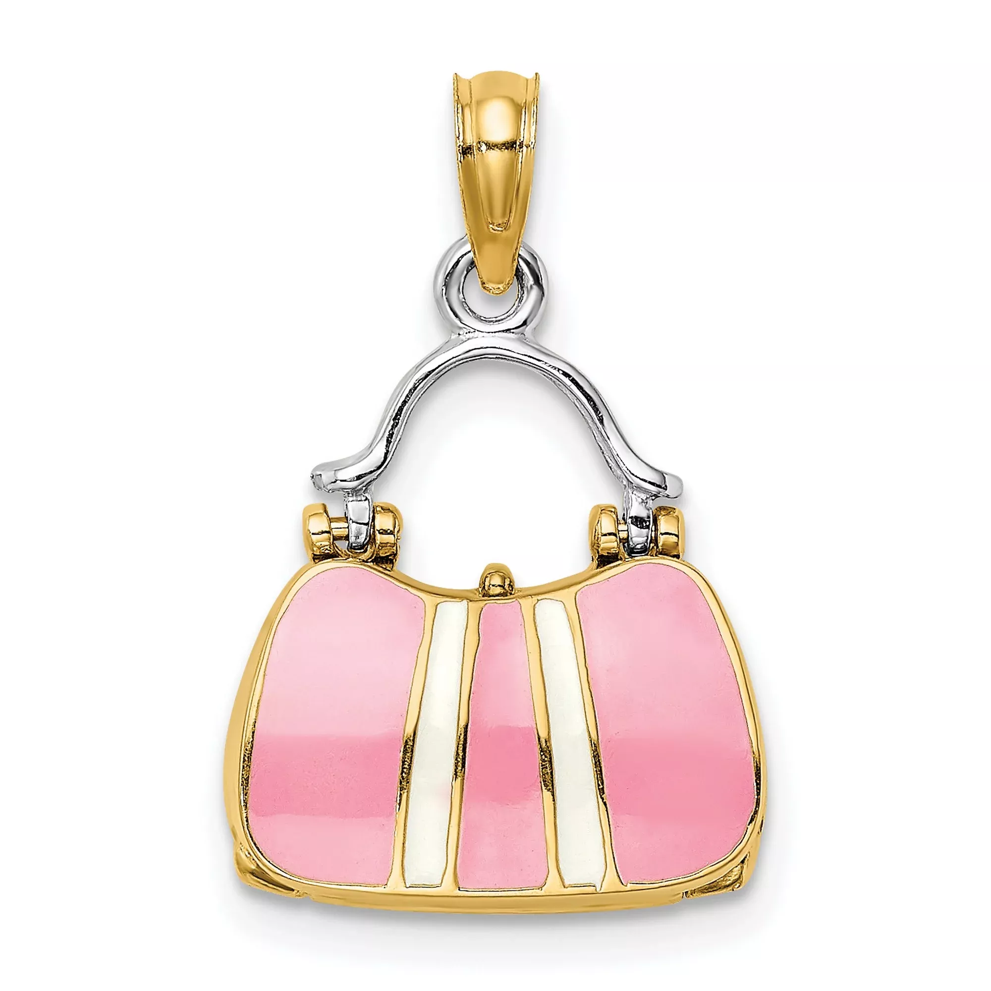14k Multi-Tone Gold Handbag Pendant with Pink Enamel, Purse Charm Design for Women