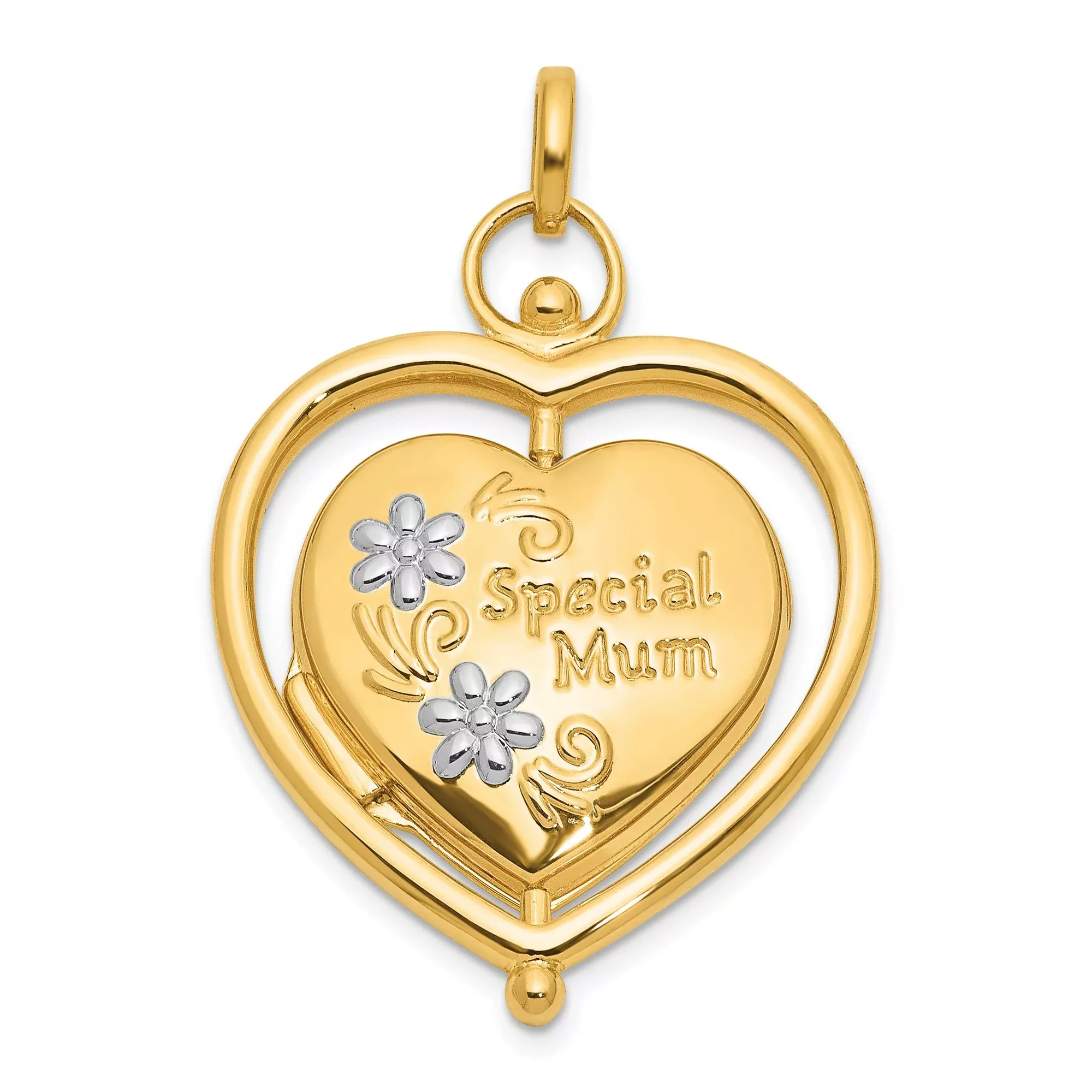 14k Multi-Tone Gold Heart Locket Pendant with Floral Accents and Mum Design