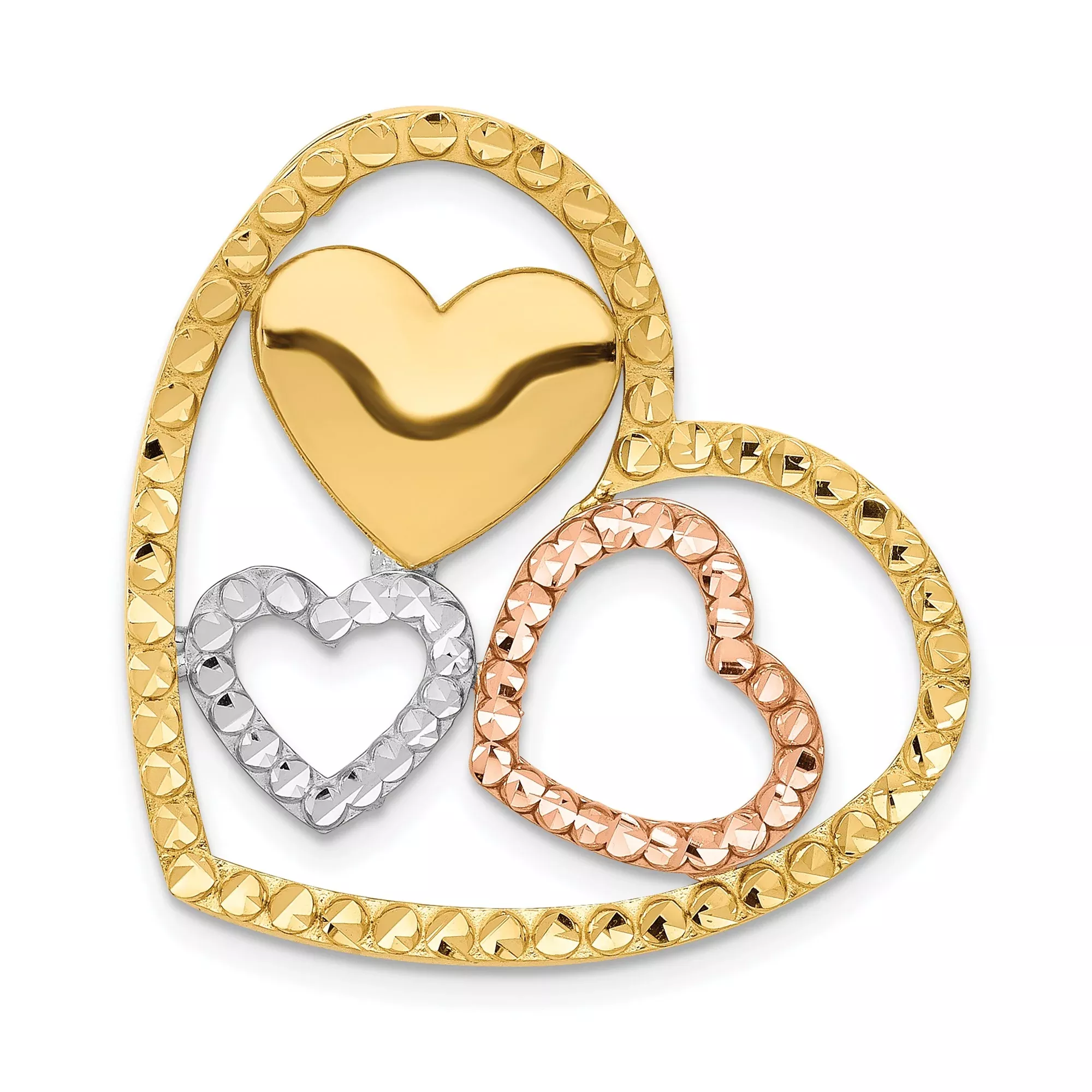 14k Multi-Tone Gold Heart Pendant with Interlocking Rose, White, and Yellow Gold Hearts