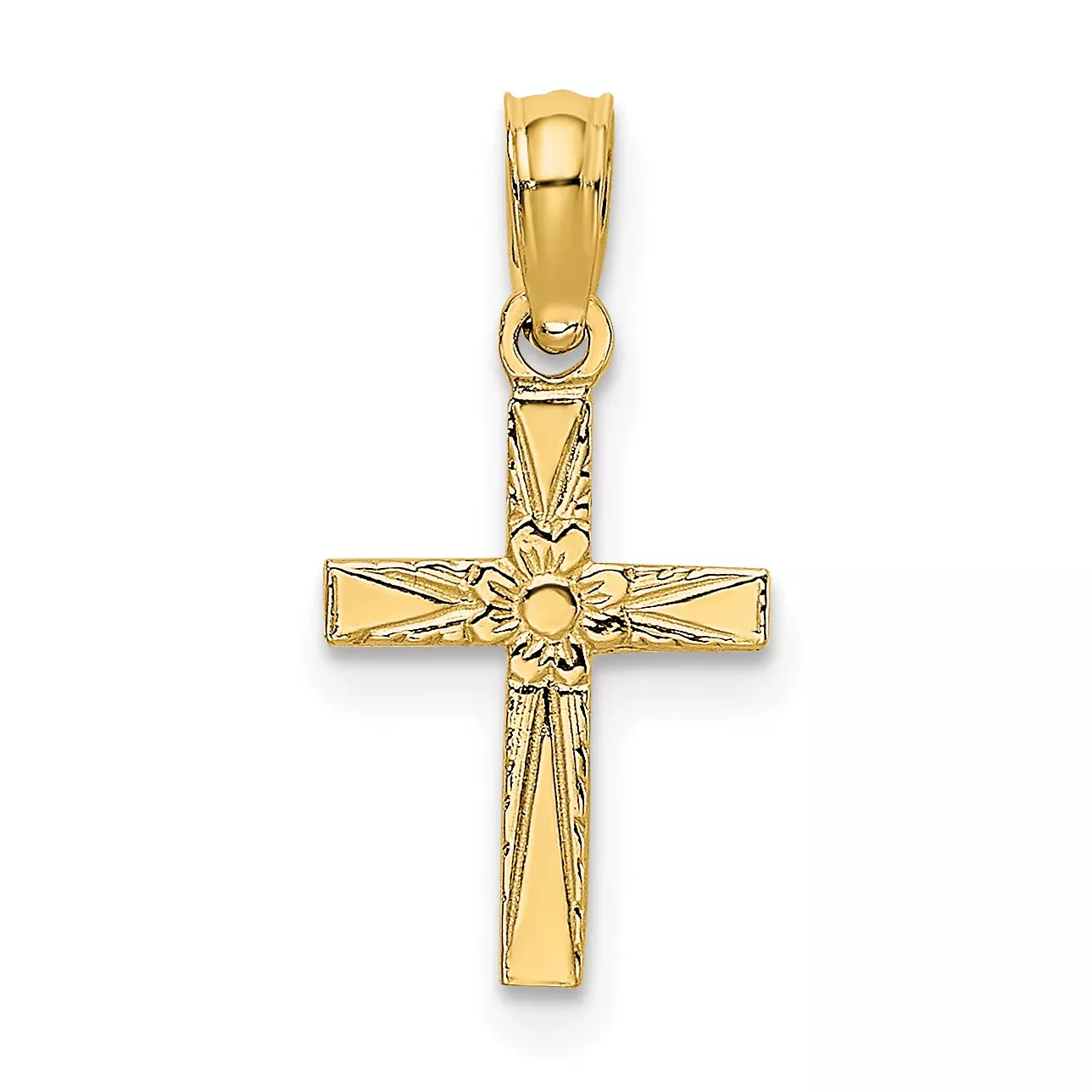 14K Polished and Engraved Mini Cross W/ Flower Charm