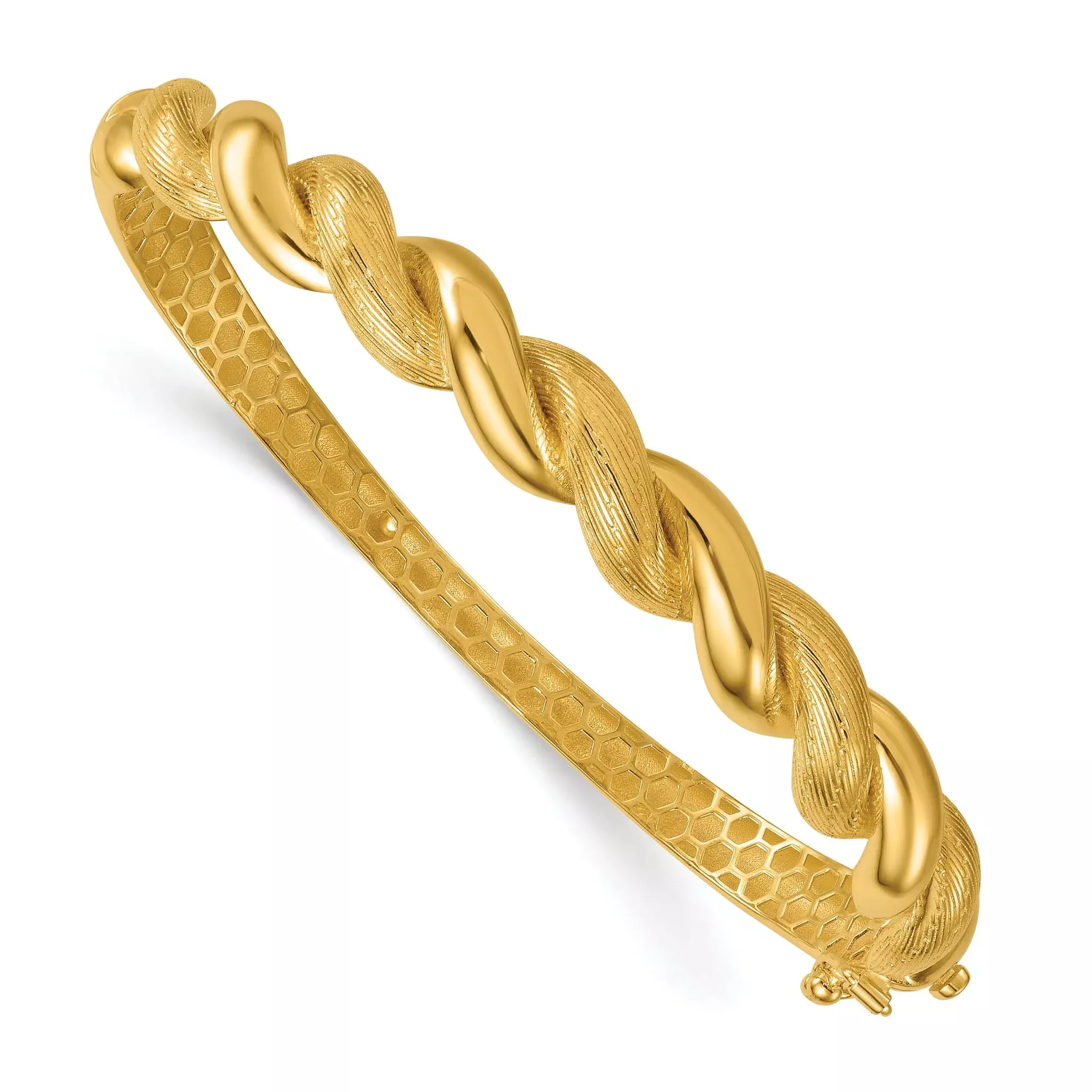 14k Polished Twisted Textured 7.75mm Hinged Oval Bangle Bracelet