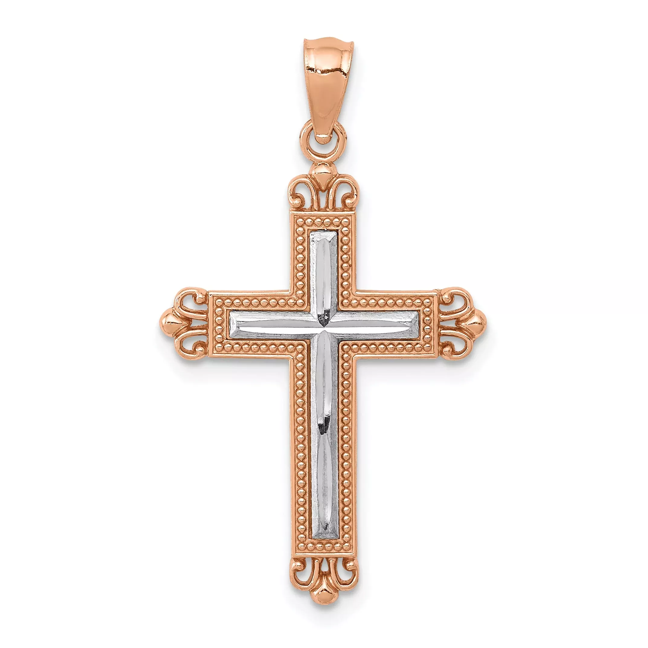 14K Rose Gold W /Rhodium Diamond-Cut Cross Pendant