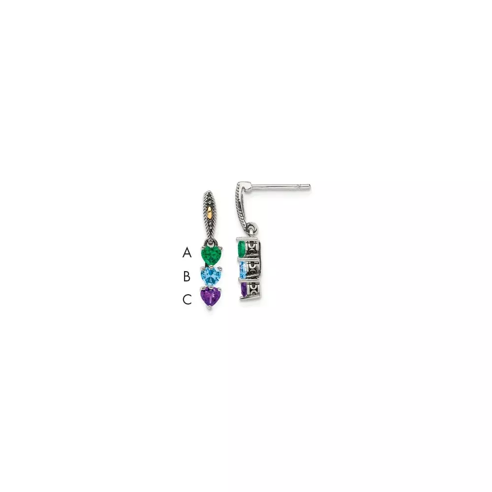 14K /Silver Two-Tone Sterling Silver Antiqued W /14K 3-Stone Mother'S Earring